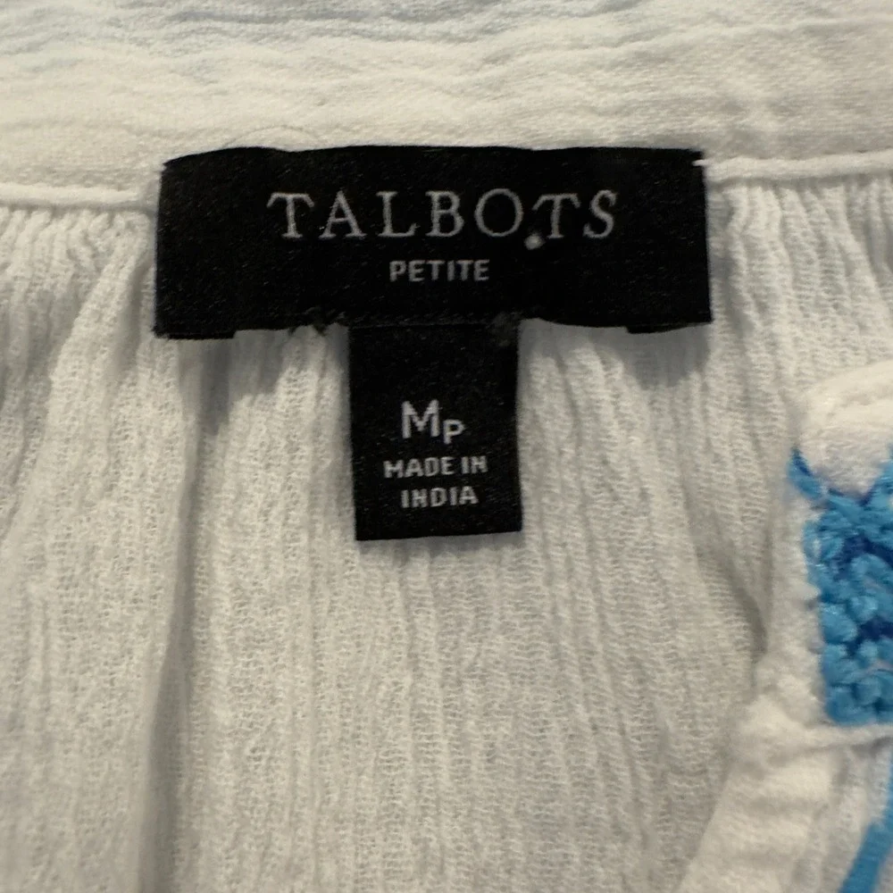 Talbots Gauze Cotton Embroidered Blouse White Blue Boho Peasant Cottagecore PM - Picture 5 of 8